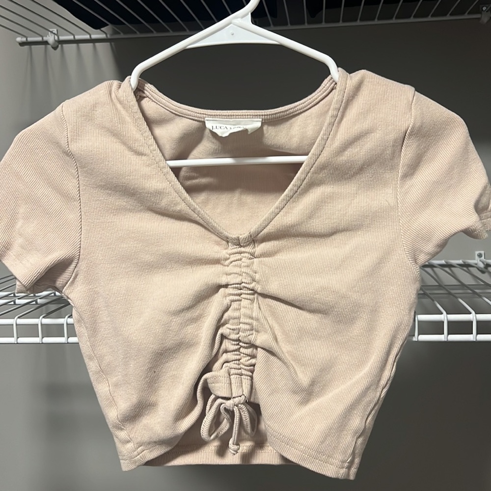 NWOT * Luca + Grae Tan Ruched Front Short Sleeve Top Size Small
